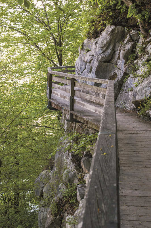 Der Soleleitungsweg schmiegt sich eng an den felsigen Kälberstein