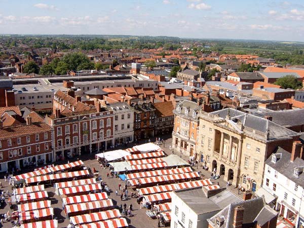 Newark Market place. View of the market place & town hall, taken from the tower of Newark parish church.