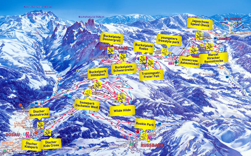 Skiregion Dachstein West Karte: Gaudipistenpanorama